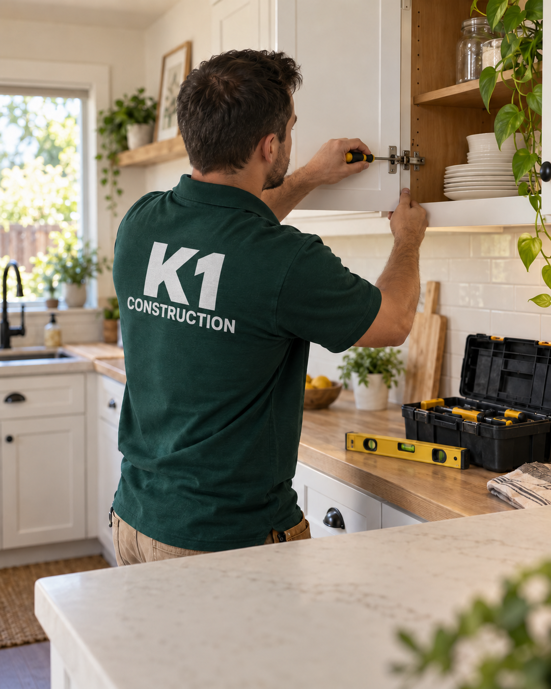 Illustration of a handyman wearing a K1 Construction shirt while adjusting a cabinet hinge